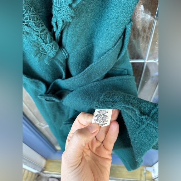 Small 100% wool forest green crochet 1/2 sleeve coat Eyelit belted long trench - Picture 4 of 7